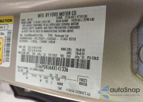 2019 Ford Fusion Hybrid Titanium from USA, damaged, VIN 3FA6P0RU6KR141336